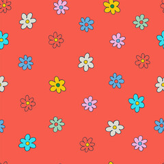 Obraz premium Seamless pattern with small colorful flowers in retro style. Retro 60s, 70s design for gift wrap, textile, home decor