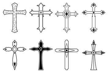 Set of isolated christian cross religion sign icon vector collection.