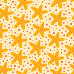 Fototapeta na wymiar Abstract seamless pattern with stars on yellow background. Underwater seastars.