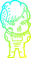 cold gradient line drawing cartoon surprised girl in science fiction clothes