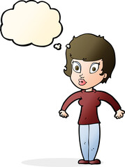 cartoon woman shrugging shoulders with thought bubble