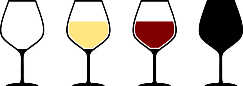 Wine Glass Icon Set including Empty Glass, White Wine Glass, Red Wine Glass and Wineglass Silhouette. Vector Image.