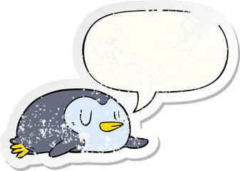 cartoon penguin and speech bubble distressed sticker