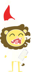 flat color illustration of a roaring lion doctor wearing santa hat