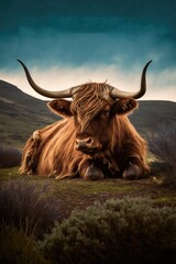 Portrait of highland cow lying in grass in mountains, created using generative ai technology