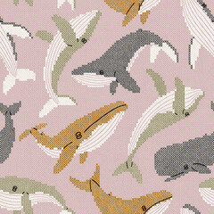 Cross stitch whales on pale pink - 580734166