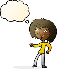 cartoon woman laughing and pointing with thought bubble