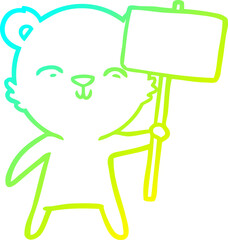 cold gradient line drawing happy cartoon bear with sign