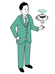 対話型AIを使いこなす男性のイラスト、ベクター