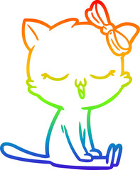 rainbow gradient line drawing cartoon cat with bow on head