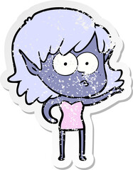 distressed sticker of a cartoon shocked elf girl