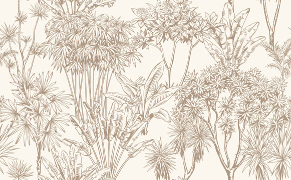 Vintage seamless pattern with tropical trees. Monochrome botanical illustration. Vector foliage design in linear stile.