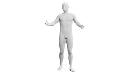 Beautiful young man posing, isolated on white background. 3d illustration (rendering). Artificial intelligence, android, mannequin