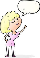 cartoon happy woman about to speak with speech bubble