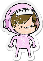 distressed sticker of a angry cartoon space girl