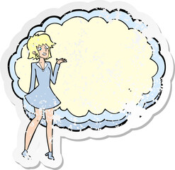 retro distressed sticker of a cartoon friendly woman with cloud text space