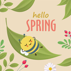 Vintage hello spring greeting banner design template with bee.