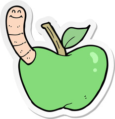 sticker of a cartoon apple with worm