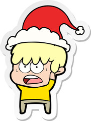 worried sticker cartoon of a boy wearing santa hat