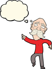 cartoon sad old man pointing with thought bubble