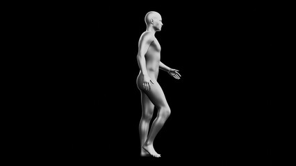 Beautiful young man posing, isolated on black background. 3d illustration (rendering). Silver mannequin, android