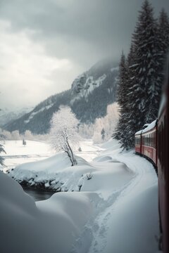 Scenic winter landscape with train in mountains, created using generative ai technology