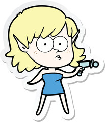 sticker of a cartoon elf girl with ray gun