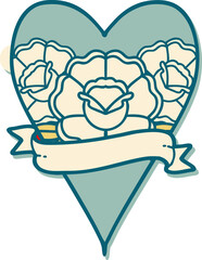tattoo style sticker of a heart and banner with flowers