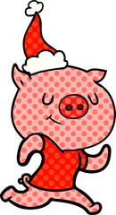 happy comic book style illustration of a pig running wearing santa hat