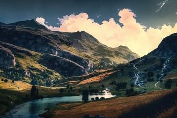 Scenic landscape with mountains, stream and sky with clouds, created using generative ai technology