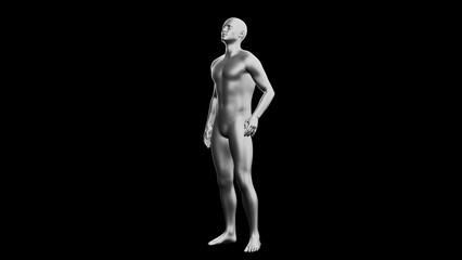 Beautiful young man posing, isolated on black background. 3d illustration (rendering). Silver mannequin, android