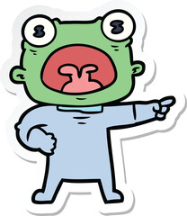 sticker of a cartoon weird alien shouting