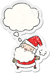cartoon santa claus and thought bubble as a distressed worn sticker