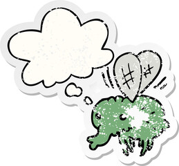 cartoon fly and thought bubble as a distressed worn sticker