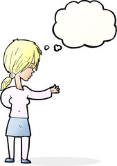 cartoon woman gesturing with thought bubble