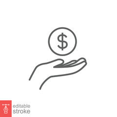 Salary, sell, money, business, buy, hand line icon. Simple outline style. Save, cash, coin, currency, dollar, finance concept. Vector illustration isolated on white background. Editable stroke EPS 10.