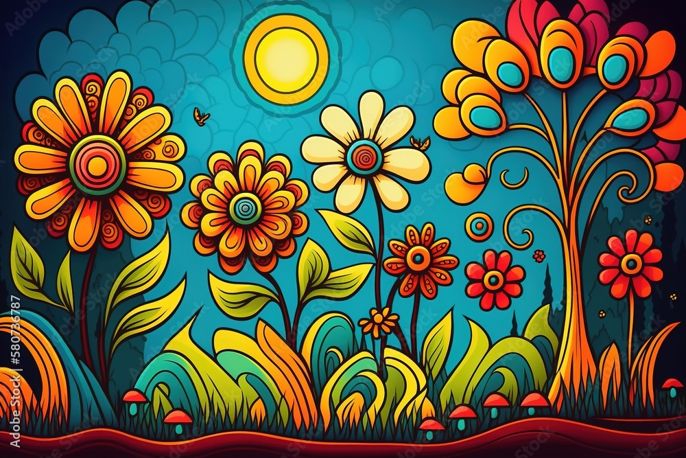 Wall mural colorful flowers, Spring illustration digital art for background, created using generative ai