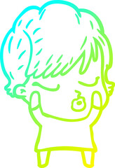 cold gradient line drawing cartoon woman with eyes shut