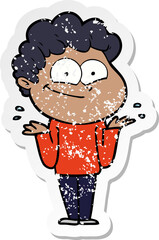 distressed sticker of a cartoon happy man