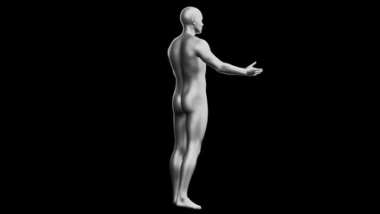 Beautiful young man posing, isolated on black background. 3d illustration (rendering). Silver mannequin, android