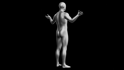 Beautiful young man posing, isolated on black background. 3d illustration (rendering). Silver mannequin, android