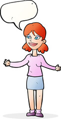 cartoon happy woman shrugging shoulders with speech bubble