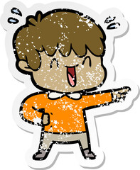 distressed sticker of a cartoon laughing boy