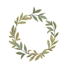 Round elegant template frame with leaves painted in watercolor and isolated on white background. Laurel wreath.