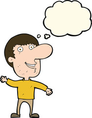 cartoon waving man with thought bubble
