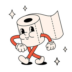 Funny happy cartoon toilet paper roll. The style of the 60s, 70s. Positive and good vibes