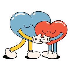 Funny happy cartoon hearts hugging. A loving couple. Positive and good vibes, hippies