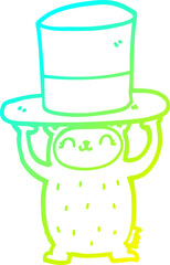 cold gradient line drawing cartoon bear with giant hat