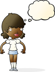 cartoon happy woman with thought bubble