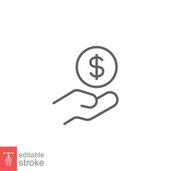 Salary, sell, money, business, buy, hand line icon. Simple outline style. Save, cash, coin, currency, dollar, finance concept. Vector illustration isolated on white background. Editable stroke EPS 10.